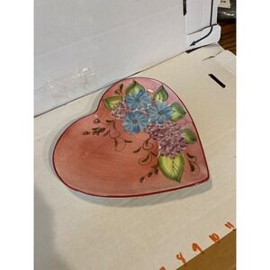 Laurie Gates Ware Heart Shaped Floral Ceramic Plate Pink Blue Daisy Plaid Back